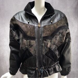 Vintage Jacqueline Ferrar Black Patchwork Leather & Suede Bomber Jacket